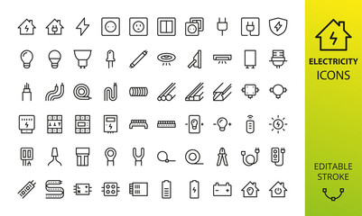 Electricity isolated icon set. Set of home electrification, electrical wire and cable, lightbulb, led lamp, electricity meter, junction box, outlet and switch, extension cord, power strip vector icons - obrazy, fototapety, plakaty