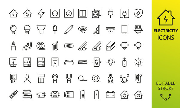Electricity isolated icon set. Set of home electrification, electrical wire and cable, lightbulb, led lamp, electricity meter, junction box, outlet and switch, extension cord, power strip vector icons