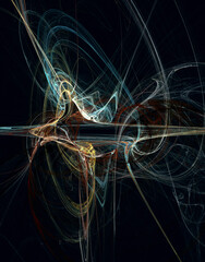 Tangled and viscous substance in beige and blue hues on black. Unknown micro or macro matter in space, energetic process or surreal ambient sound representation.	