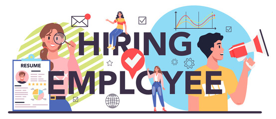Hiring employee typographic header. Idea of recruitment and job management