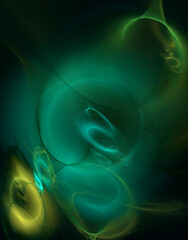 Creative and artistic abstraction with circles, curves, blurriness and haziness in green and yellow colors on dark background. Great as overlay, festive decoration or backdrop. 