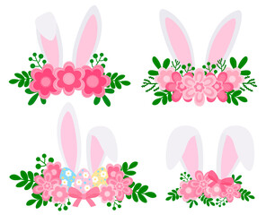 Cute easter bunny ears with flowers vector illustration