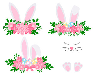 Cute easter bunny ears with flowers vector illustration