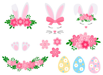 Cute Easter bunny ears with flowers vector illustration. Rabbit face Easter eggs pink flowers leaves