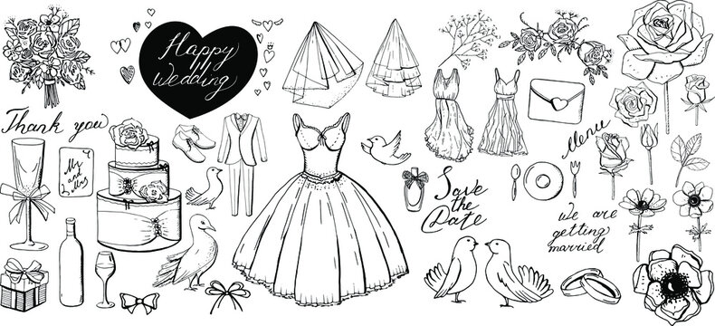 Big set with wedding elements. Objects isolated on white background