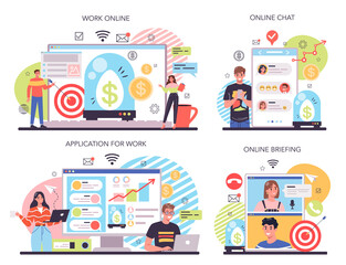 Business incubator online service or platform set. Business people