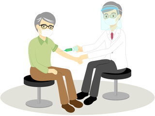Fototapeta premium 予防接種を受ける高齢男性と医師（マスクとフェイスシールド）／Vaccinated men and doctors (masks and face shields)