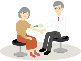 Obraz premium 予防接種を受ける高齢女性と医師／Illustration of vaccinated women and doctors