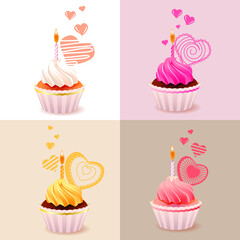 Detailed set with different muffins and birthday cakes