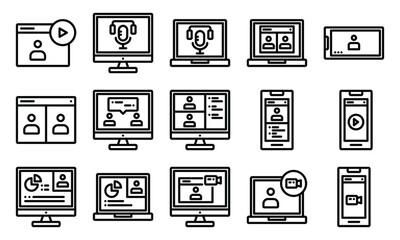 simple icon set of online meeting.  Contains such Icons as presentation, conference, webinar, podcast perfect for web design, ui design, etc. editable stroke