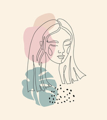 Beautiful girl. Continuous line drawing. Vector hand drawn artwork. Creative freehand style. Hugge home, house decor. Trendy 50s, 60s retro, vintage. Print, poster. Beige, black, pink, green color