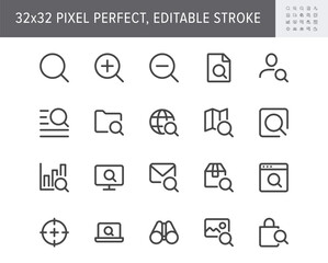 Search simple line icons. Vector illustration with minimal icon - lupe, analysis, lens, loupe, target, hr, globe, folder, magnifier, binoculars pictogram. 32x32 Pixel Perfect Editable Stroke