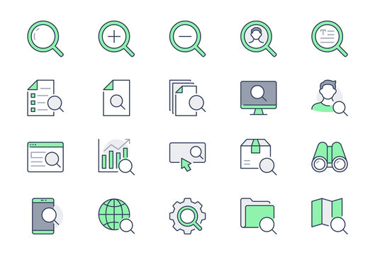 Search simple line icons. Vector illustration with minimal icon - analysis, spyglass lens, loupe, gear, hr, globe, magnifier, binoculars pictogram. Green Color, Editable Stroke