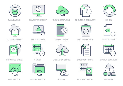 Backup line icons. Vector illustration with minimal icon - recovery data, laptop, system crash repair, database, cloud transfer, recycle bin, folder pictogram. Green Color, Editable Stroke