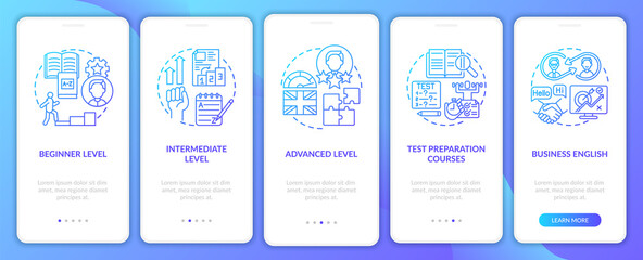 Language study levels onboarding mobile app page screen with concepts. Test prep courses, business english walkthrough 5 steps graphic instructions. UI vector template with RGB color illustrations