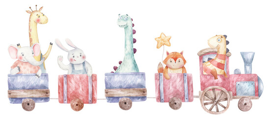 train, steam engine with animals and dinosaurs  children's watercolor illustration on a white background