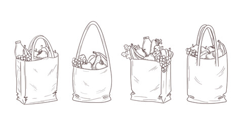 Set of shopping and grocery bags in sketch, hand drawn style.Eco life. Natural farm healthy food. Save the planet and the environment. No waste or plastic. Isolated vector illustration