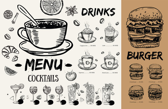 Мenu, Brochure Restaurant, template design. Food flyer. Hand-drawn style.