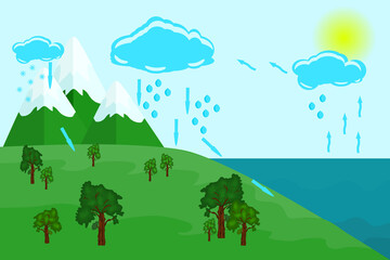 Water cycle in nature. Earth hydrologic process diagram. Environmental circulation scheme with rain and snow precipitation, cloud condensation, evaporation and runoff collection. Vector illustration