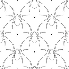 Black outlined spiders and dots vector seamless pattern background.
