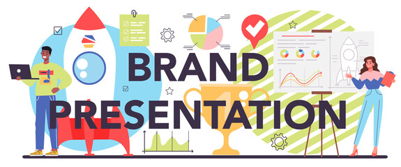 Brand presentation typographic header. Businesspeople in front of group