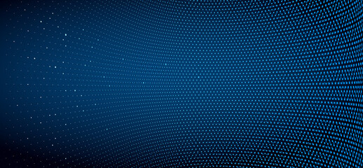 Vector abstract dark blue dotted background with dimensional perspective, technology and science theme, big data flow, geometric 3D design.