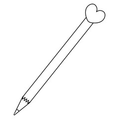 The pencil is simple. Sketch. At the end there is a heart-shaped eraser. Vector illustration. Coloring book for children. A tool for drawing, marking up, sketching, recording love thoughts. 