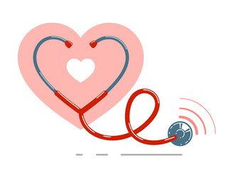 Stethoscope with heart vector simple icon isolated over white background, cardiology theme illustration or logo.
