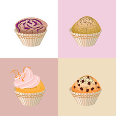 Detailed set with different muffins and birthday cakes