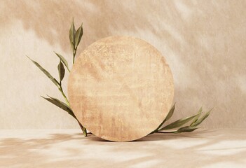 Podium, stand on pastel light stucco background. Unobtrusive background with plant and shadow on the wall -3D render.Mock up for exhibitions, presentation of products, therapy, relaxation and health.