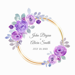 Watercolor purple rose wreath with golden circle