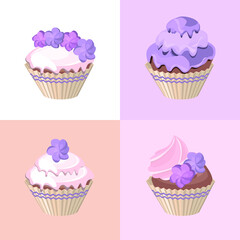 Detailed set with different muffins and birthday cakes