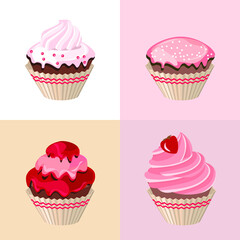 Detailed set with different muffins and birthday cakes