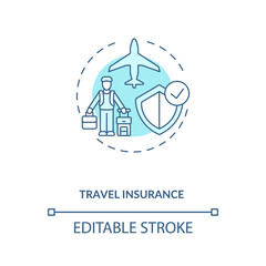 Travel insurance concept icon.Traveling during covid 19 pandemic idea thin line illustration. Necessary security. Quarantine measures. Vector isolated outline RGB color drawing. Editable stroke