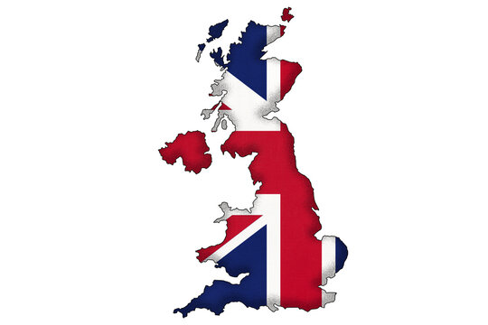 UK border silhouette with national flag. Contour country on geography map.
