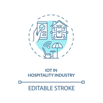 IoT In Hospitality Industry Concept Icon. Tourism Service Idea Thin Line Illustration. Business Travel Condition During Covid 19 Pandemic. Vector Isolated Outline RGB Color Drawing. Editable Stroke