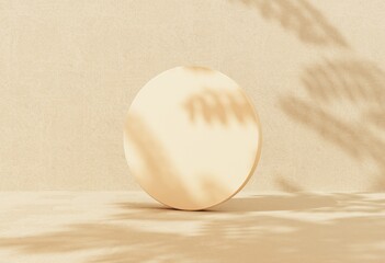 Podium, stand on pastel light stucco background. Unobtrusive background with plant and shadow on the wall -3D render.Mock up for exhibitions, presentation of products, therapy, relaxation and health.