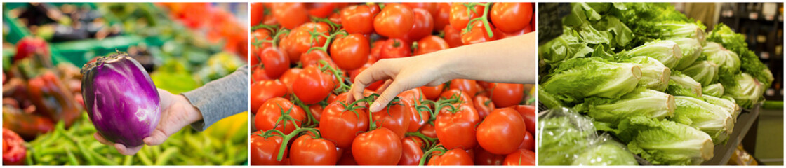 Collage with female hand who chooses vegetables. Concept of healthy food, bio, vegetarian, organic