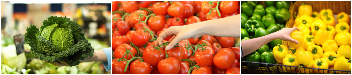 Collage with female hand who chooses vegetables. Concept of healthy food, bio, vegetarian, organic