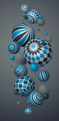 Abstract spheres vector phone background, composition of flying balls decorated with patterns, 3D mixed variety realistic globes with ornaments, smartphone wallpaper.