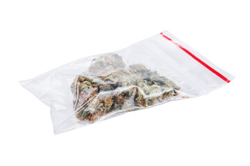 Marijuana buds in bag isolated on white background