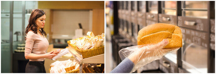 Collage of woman chooses bread at supermarket. Concept of conscious choice of quality products