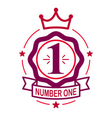 Number one and first place vector label or emblem illustration isolated, icon or logo graphic design in classical style, business success leadership and victory theme.
