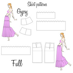 Skirt Gypsy and Full patterns. A visual representation of styles of the skirts on the figure. Illustration of the design and pattern of women's skirts. Hand-drawn models.
