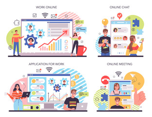 Business team online service or platform set. Idea of strategy and achievement