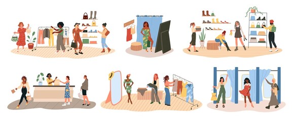 Fototapeta premium Shopping. Happy women try dresses and shoes in store. People choose outfit in fitting rooms. Females consult with seller about buying clothes, pay for purchases at checkout vector cartoon set