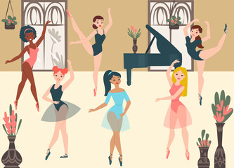 Dancer ballerinas, school modern classic dance cartoon vector illustration. Group female character, room with piano professional creative classic ballet, multicultural woman exercise.