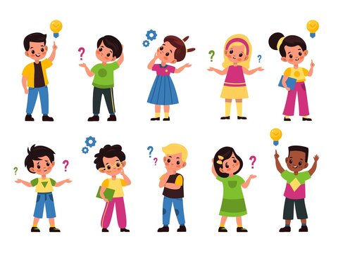 Thoughtful kids. Children with questions, lamps and gears symbols over heads, thought processes, imagination and new idea, thinking girls and boys in different poses. Vector cartoon set