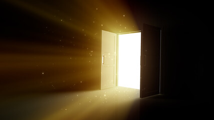 Door Opening to the brilliant Future, way to Heaven and Success. 3D illustration.