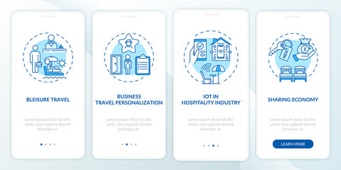 Business travel trends onboarding mobile app page screen with concepts. Hospitality industry walkthrough 4 steps graphic instructions. UI vector template with RGB color illustrations